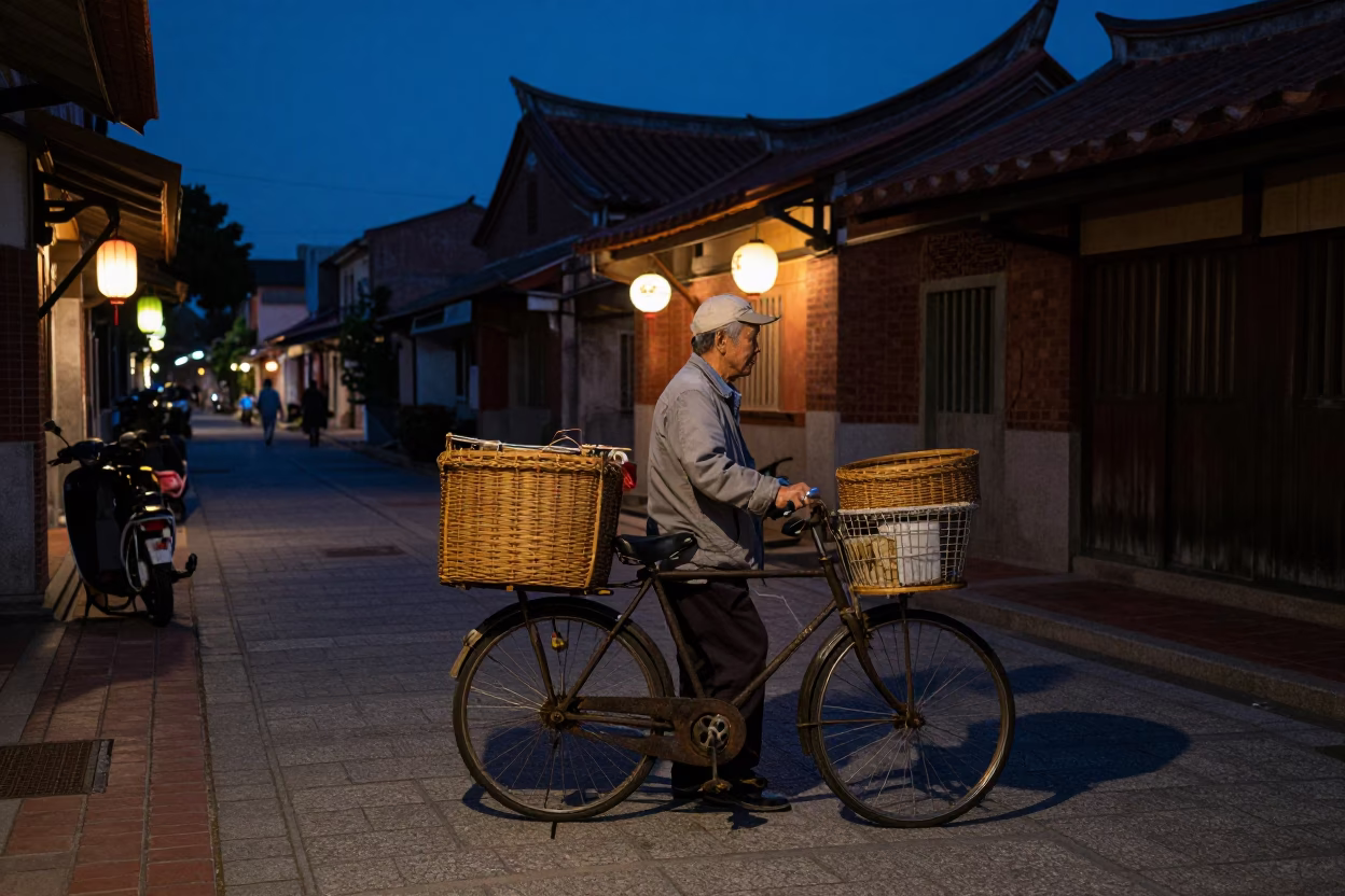 Predawn Street Scene in Tainan Taiwan with Vintage Bicycle and Lanterns in in Tainan, Taiwan