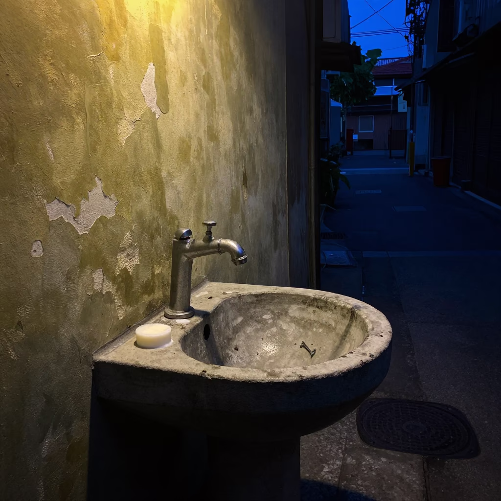 Predawn Street Scene in Tainan Taiwan with Wash Basin and Soap Residue in in Tainan, Taiwan