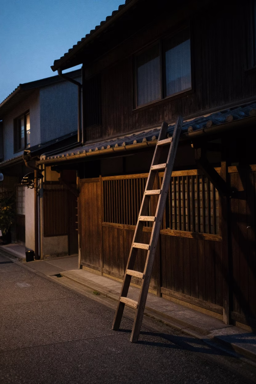 Predawn Street Scene in Tainan Taiwan with Wooden Ladder and Local Life in in Tainan, Taiwan