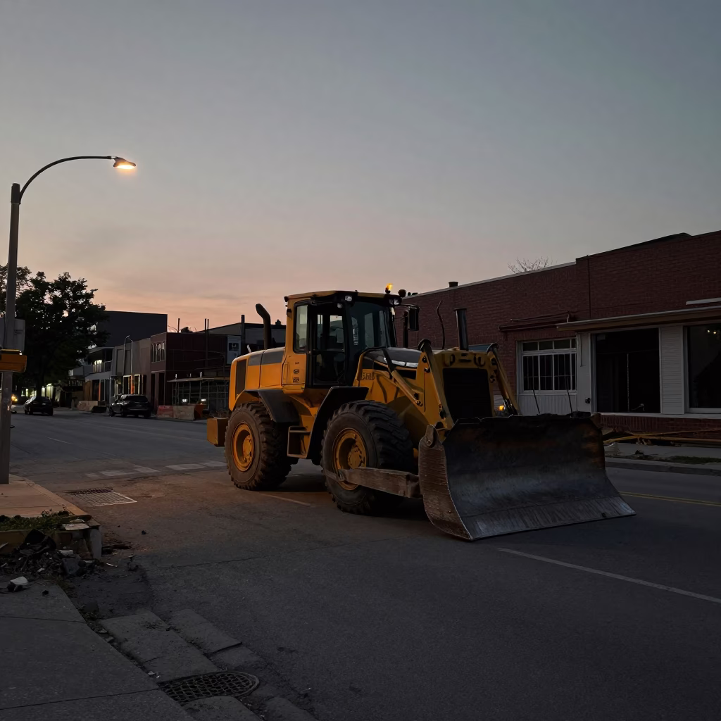 Predawn Street Scene in Toronto Ontario Canada with Bulldozer and Construction Site in in Toronto, Ontario, Canada
