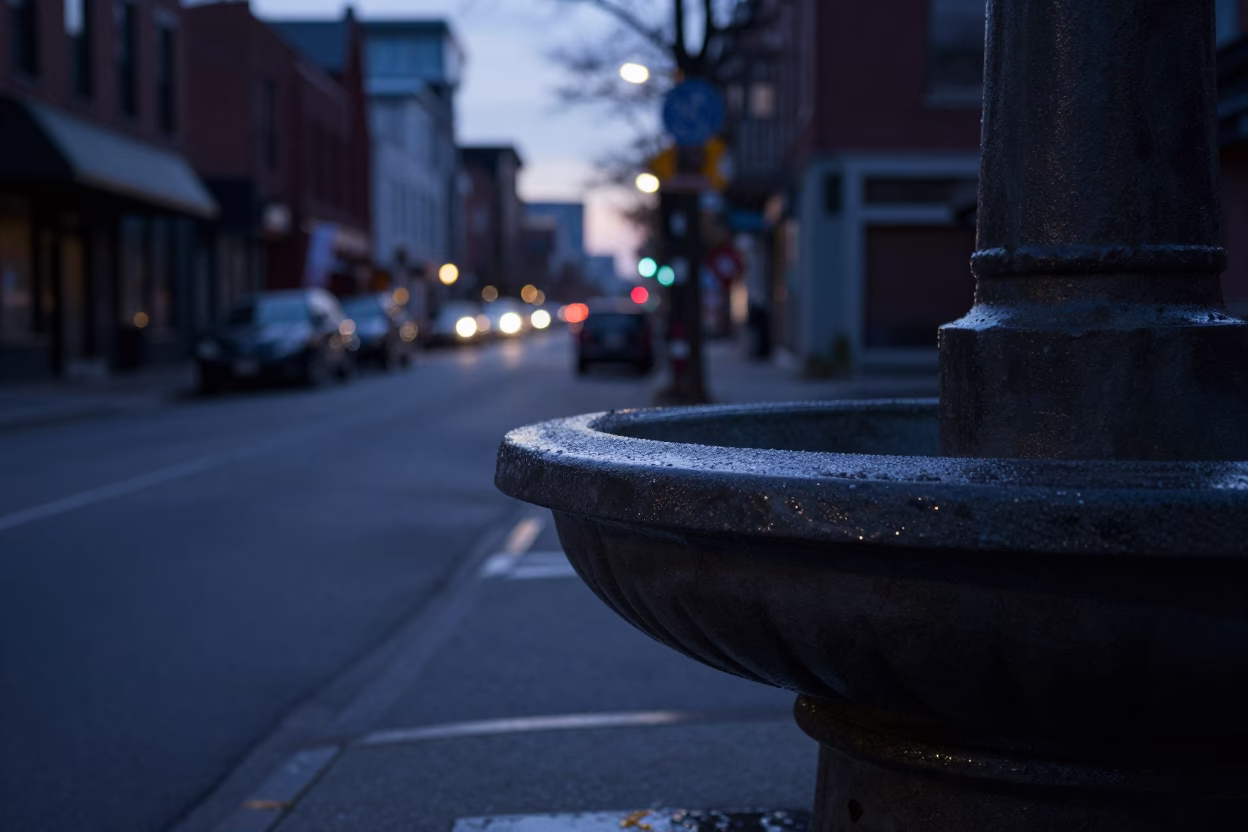 Predawn Street Scene in Toronto Ontario Canada with Condensation on Basin Lip and Lockbox in in Toronto, Ontario, Canada