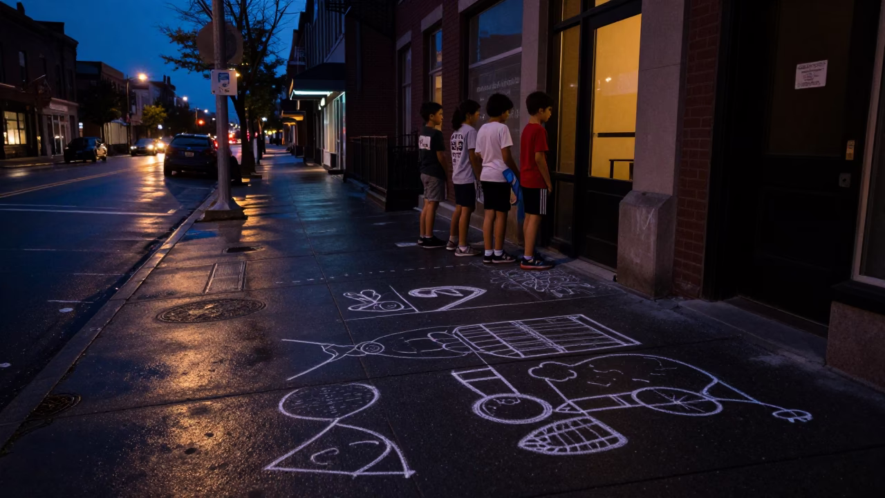 Predawn Street Scene in Toronto Ontario with Chalk Drawings on Sidewalk in in Toronto, Ontario, Canada