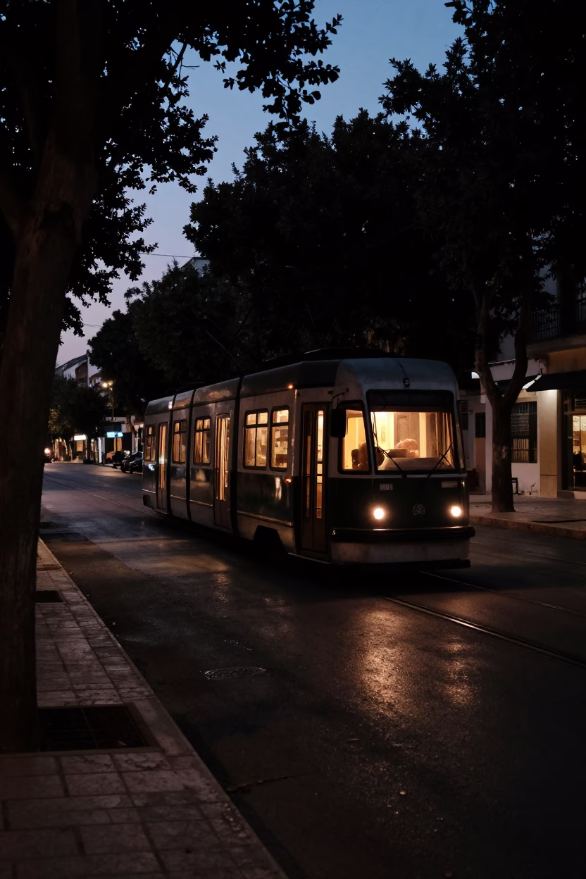 Predawn Street Scene in Tunis Tunisia Tramcar and Window Light on Boulevard in in Tunis, Tunisia