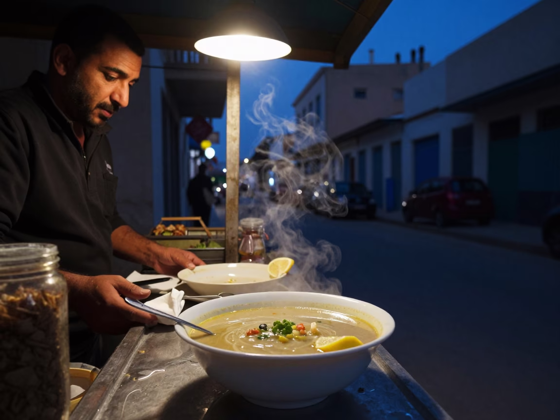 Predawn Street Scene in Tunis Tunisia with Bowl of Harira Soup and Step Ladder in in Tunis, Tunisia