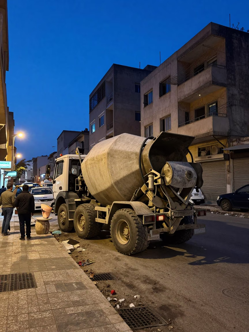 Predawn Street Scene in Tunis Tunisia with Cement Mixer and Urban Construction in in Tunis, Tunisia
