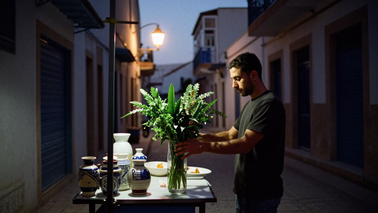 Predawn Street Scene in Tunis Tunisia with Glass Vase and Ceramic Plate in in Tunis, Tunisia