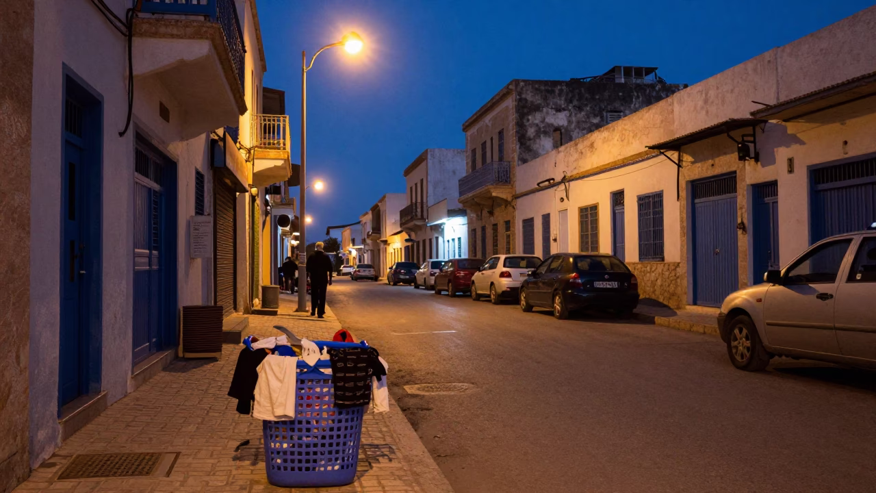 Predawn Street Scene in Tunis Tunisia with Laundry Basket and Local Life in in Tunis, Tunisia