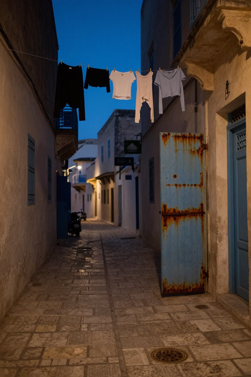 Predawn Street Scene in Tunis Tunisia with Laundry Pins and Rusty Hinges in in Tunis, Tunisia