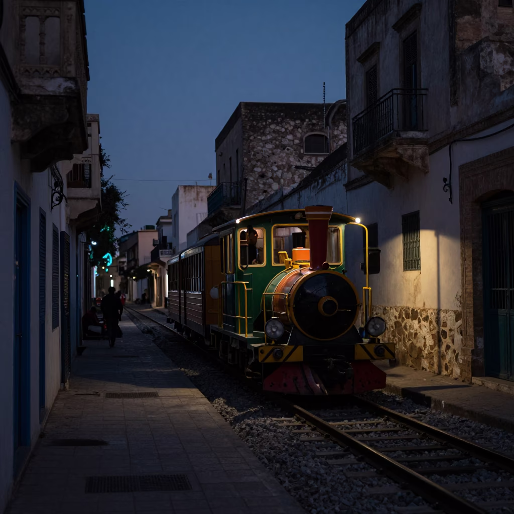 Predawn Street Scene in Tunis Tunisia with Narrow Gauge Train and Urban Details in in Tunis, Tunisia