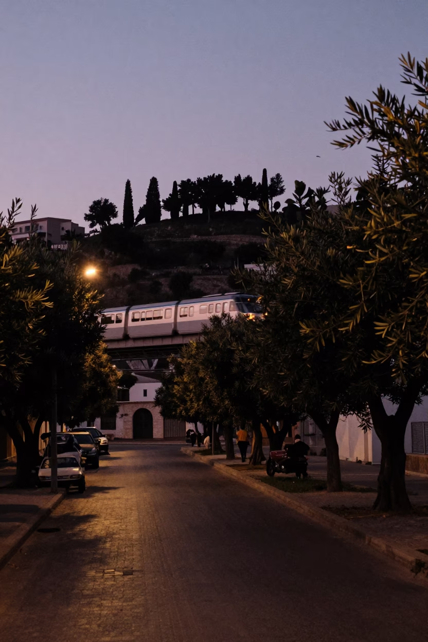 Predawn Street Scene in Tunis Tunisia with Olive Trees and Monorail in in Tunis, Tunisia