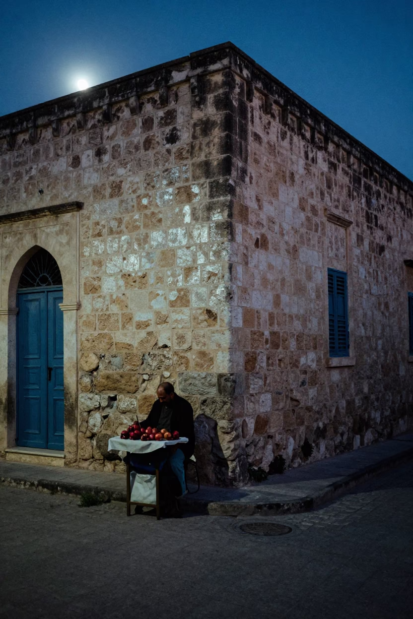 Predawn Street Scene in Tunis Tunisia with Pomegranate Vendor and Stone Architecture in in Tunis, Tunisia
