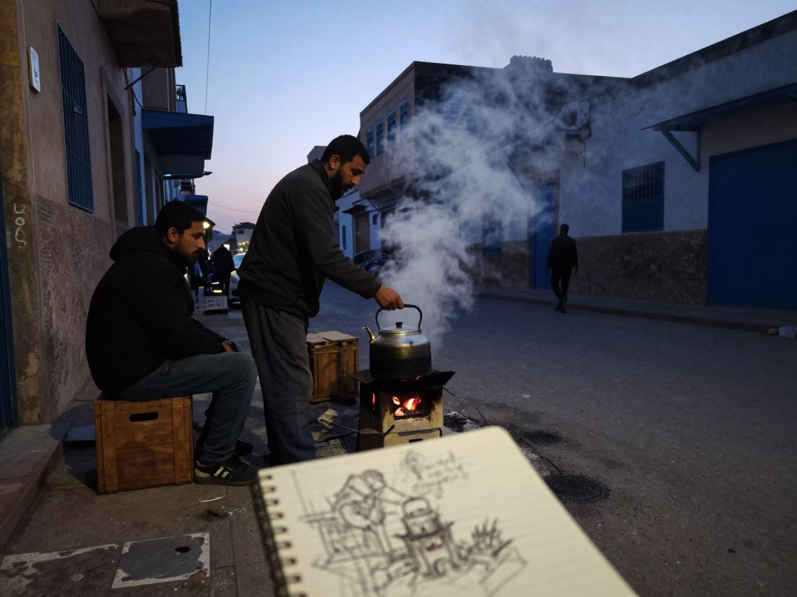 Predawn Street Scene in Tunis Tunisia with Sketchbook and Steam Haze in in Tunis, Tunisia