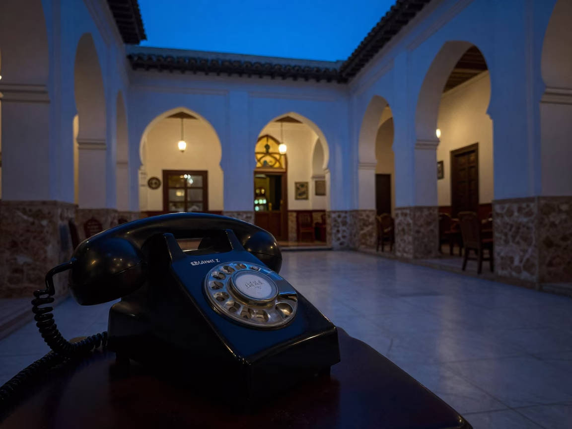 Predawn street scene in Tunis Tunisia with vintage Bakelite telephone on reception desk in in Tunis, Tunisia