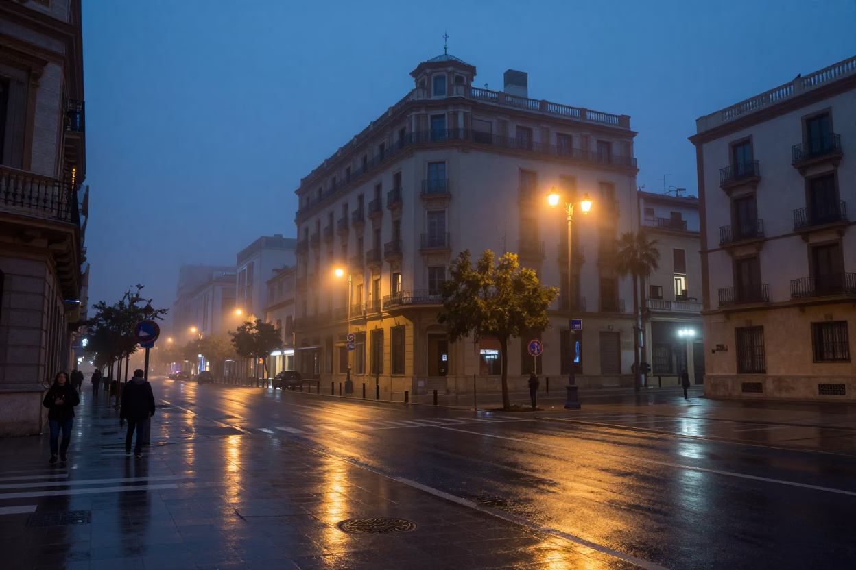 Predawn Street Scene in Valencia Spain with Urban Lighting and Misty River Ambience in in Valencia, Spain