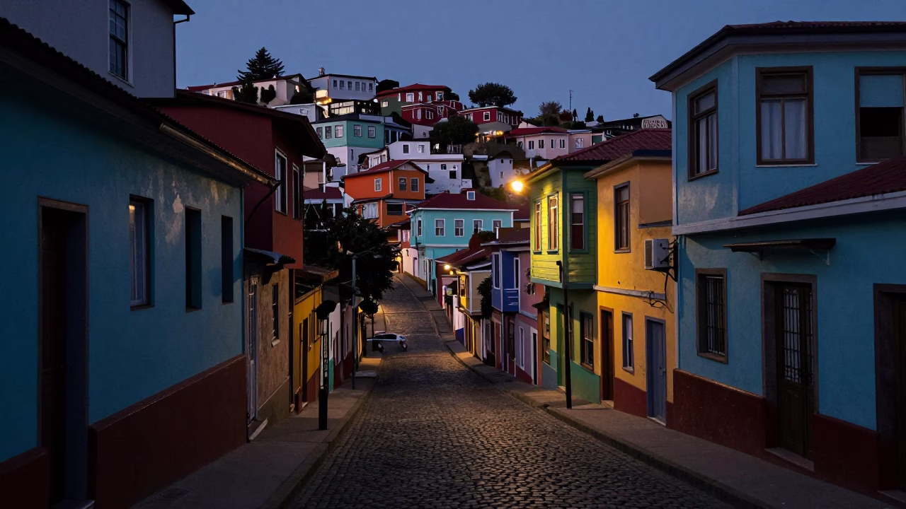 Predawn Street Scene in Valparaiso Chile Cobblestone Alley and Colorful Architecture in in Valparaiso, Chile