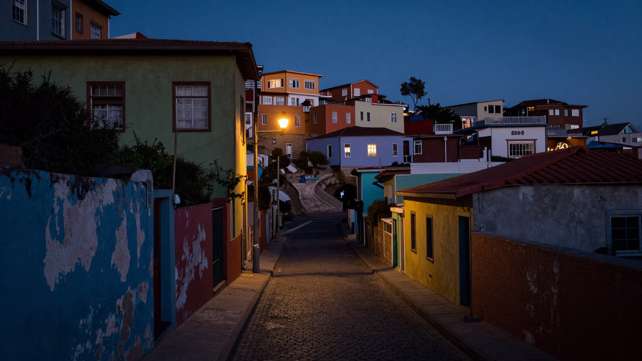 Predawn Street Scene in Valparaiso Chile with Colorful Faded Walls and Local Life in in Valparaiso, Chile