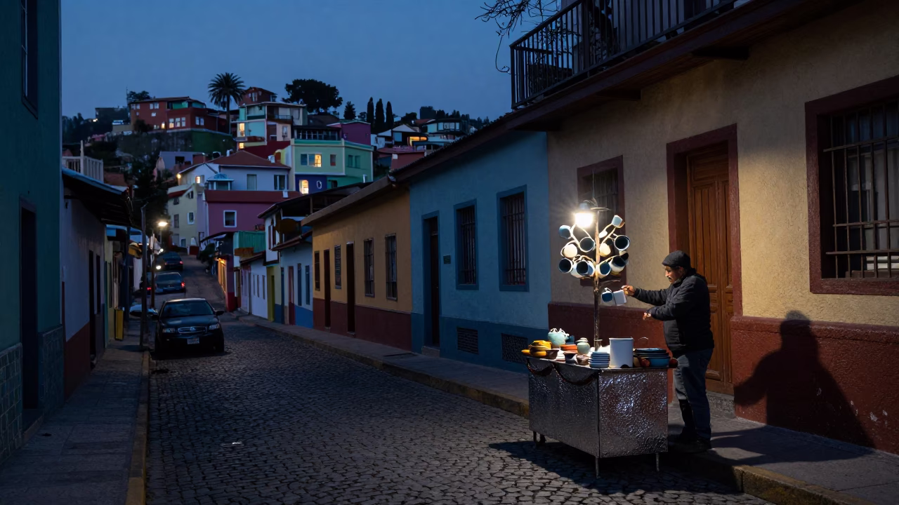 Predawn Street Scene in Valparaiso Chile with Hammered Metal and Cobblestone Alley in in Valparaiso, Chile