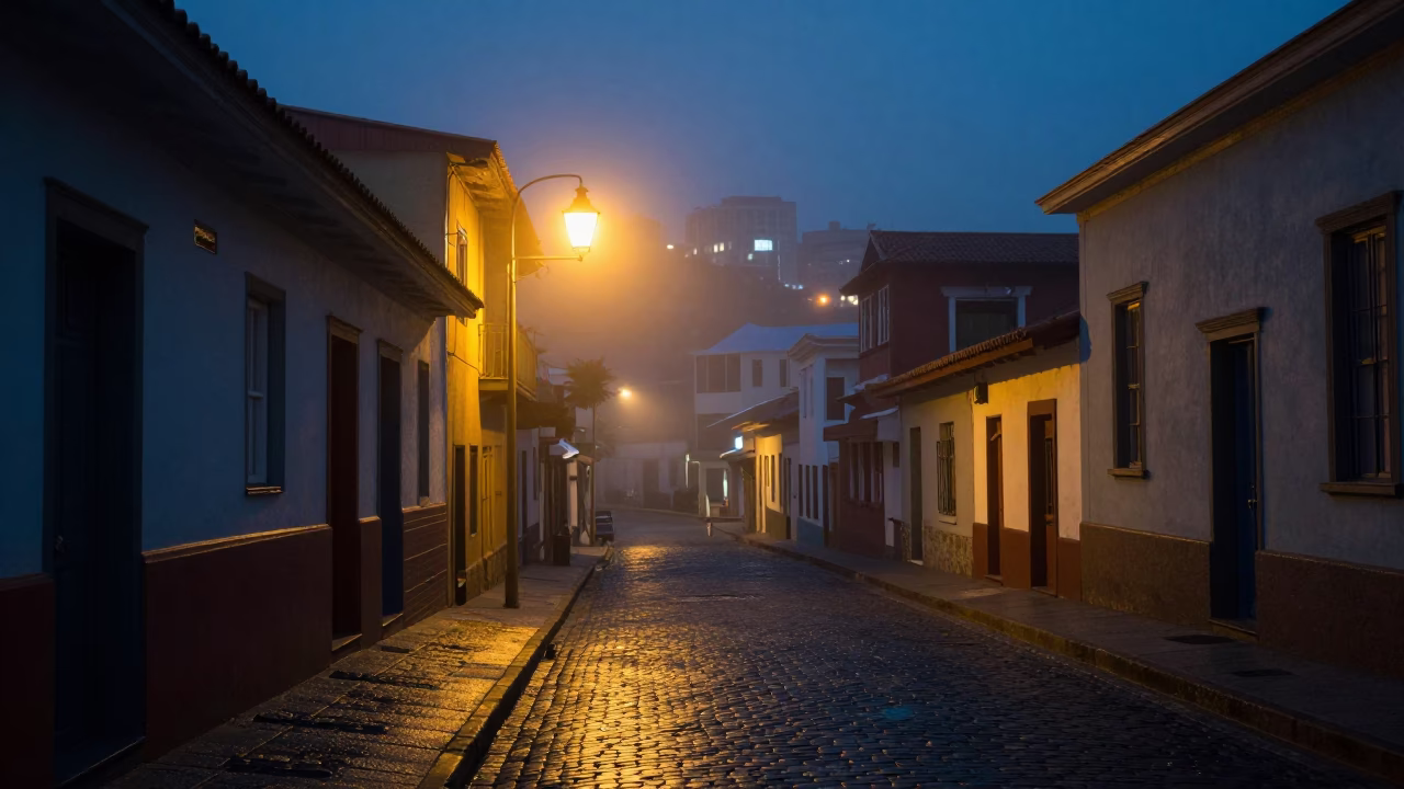 Predawn Street Scene in Valparaiso Chile with Lantern Light and Local Street Vendor in in Valparaiso, Chile