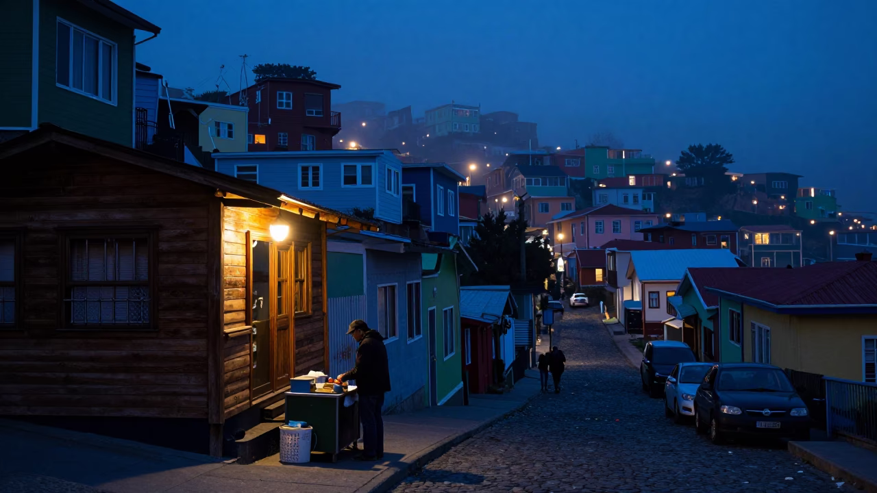 Predawn Street Scene in Valparaiso Chile with Local Vendor and Wooden Stool in in Valparaiso, Chile