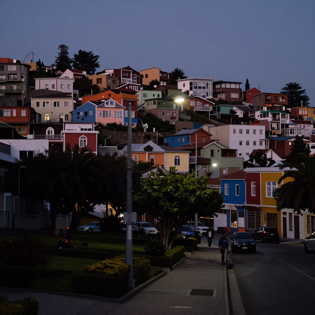 Predawn Street Scene in Valparaiso Chile with Moss Garden and Local Life in in Valparaiso, Chile
