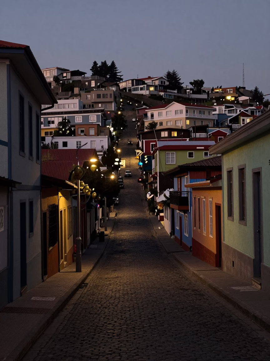 Predawn Street Scene in Valparaiso Chile with Paint Flecks and Brass Hardware in in Valparaiso, Chile