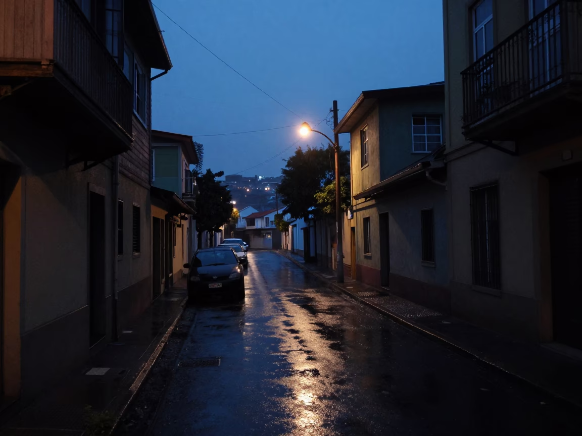 Predawn street scene in Valparaiso Chile with parked car and wet pavement in in Valparaiso, Chile