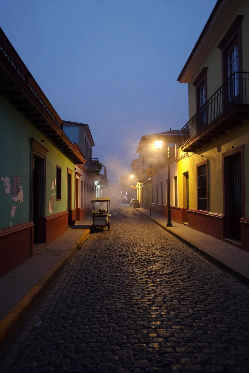 Predawn Street Scene in Valparaiso Chile with Steam Haze and Cobblestone Alley in in Valparaiso, Chile