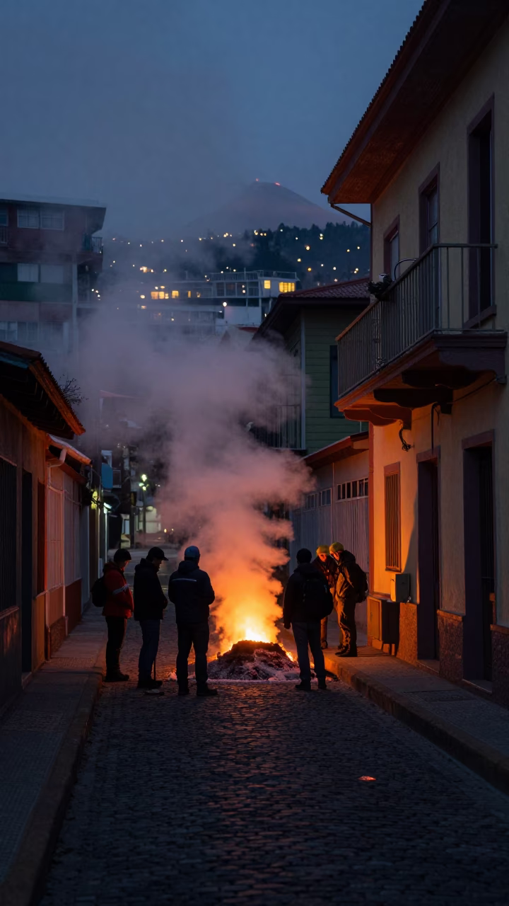 Predawn Street Scene in Valparaiso Chile with Steaming Vent and Volcanology Instruments in in Valparaiso, Chile