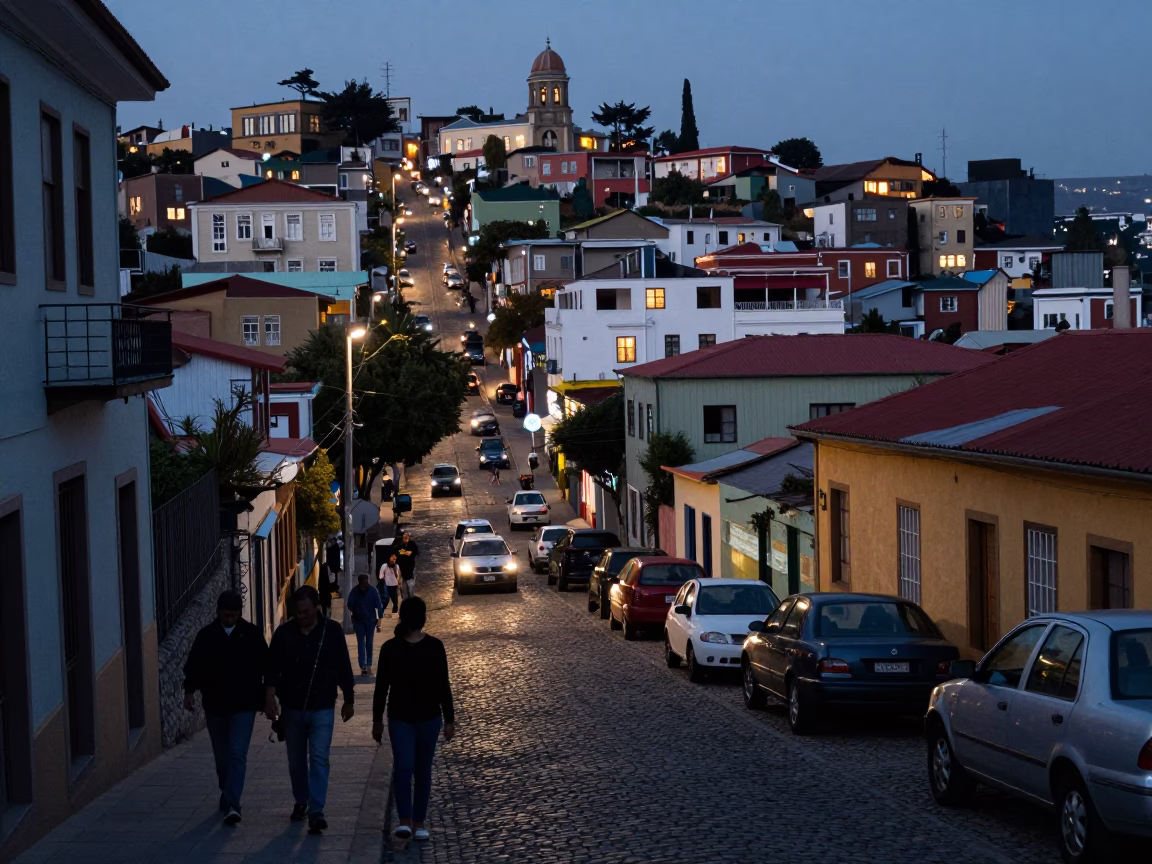 Predawn Street Scene in Valparaiso Chile with Vintage 1950s Aesthetic and Local Life in in Valparaiso, Chile