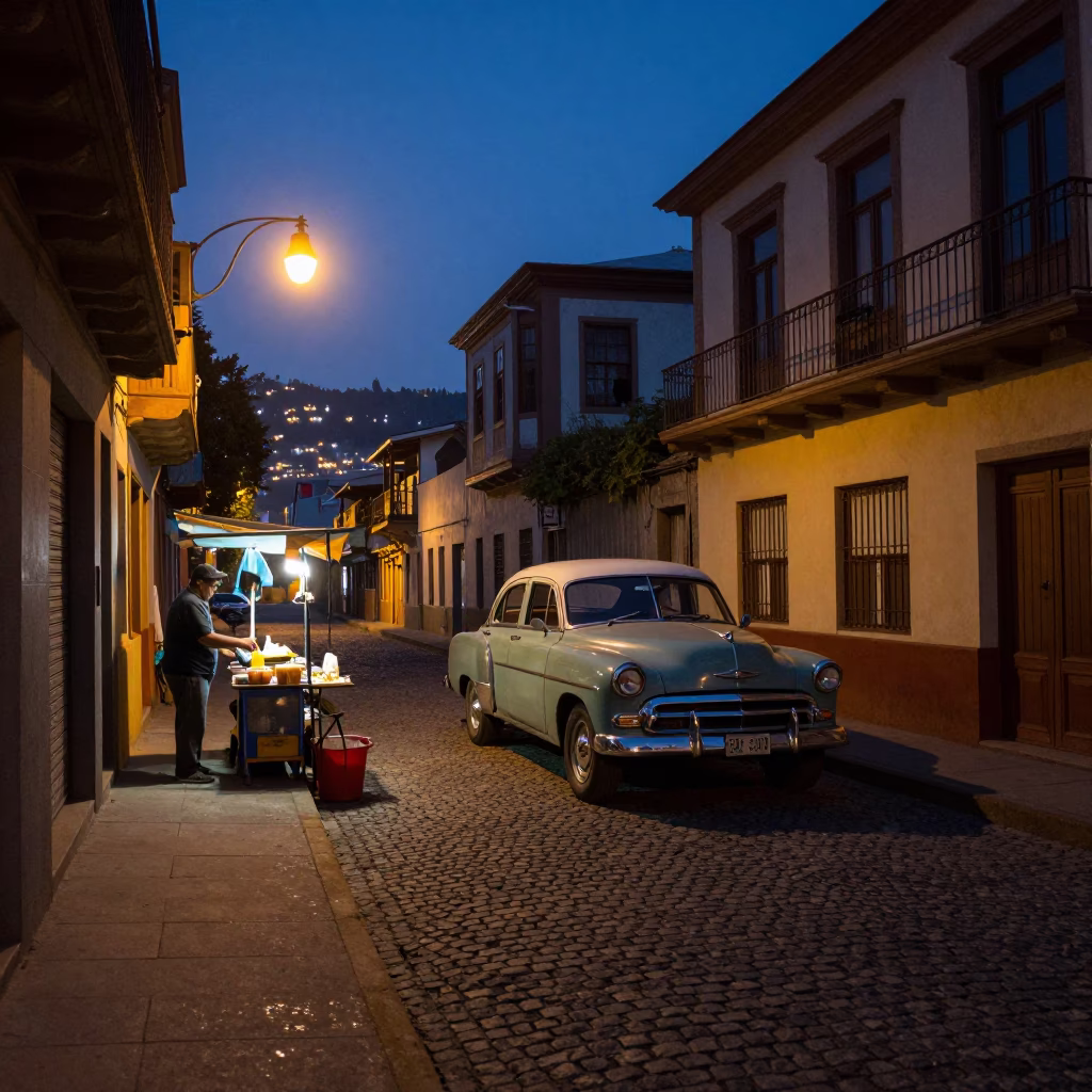 Predawn Street Scene in Valparaiso Chile with Vintage Car and Local Vendor in in Valparaiso, Chile