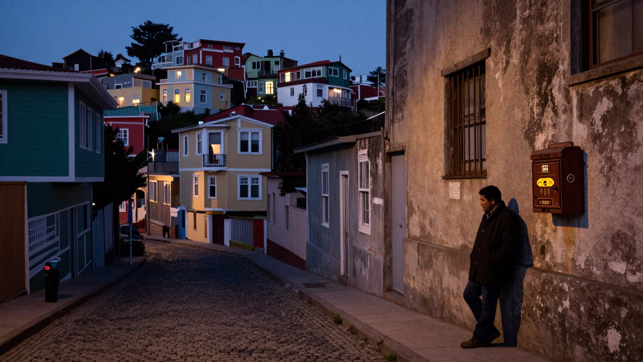 Predawn Street Scene in Valparaiso Chile with Vintage Lockbox and Rusted Drawbridge in in Valparaiso, Chile