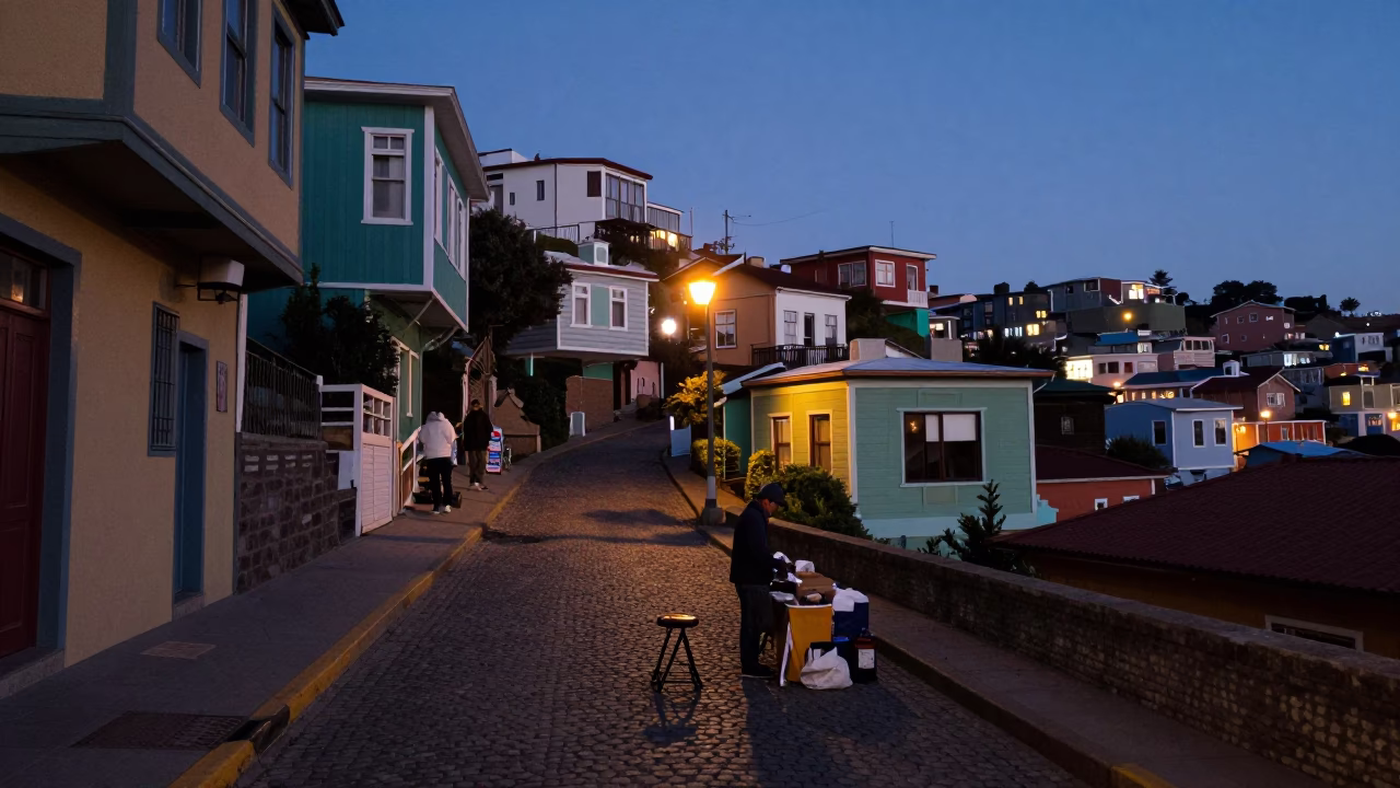 Predawn Street Scene in Valparaiso Chile with Vintage Stool and Folding Tables in in Valparaiso, Chile
