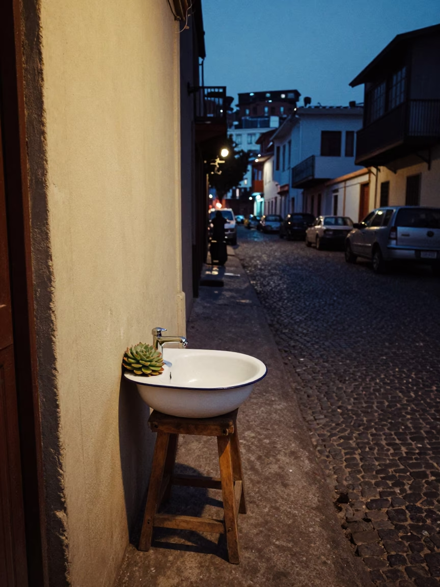 Predawn Street Scene in Valparaiso Chile with Wash Basin and Succulents in in Valparaiso, Chile