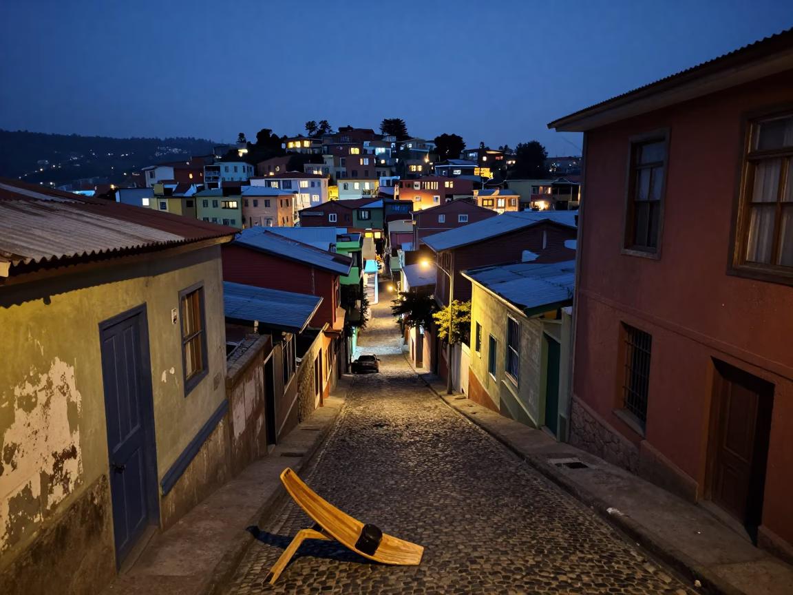 Predawn street scene in Valparaiso Chile with wooden boot scraper and empty bread loaves in in Valparaiso, Chile