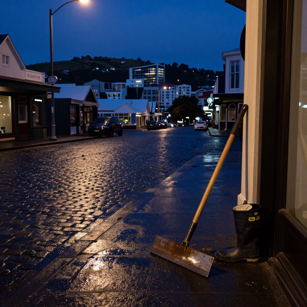 Predawn Street Scene in Wellington New Zealand with Boot Scraper and Wet Pavement in in Wellington, New Zealand