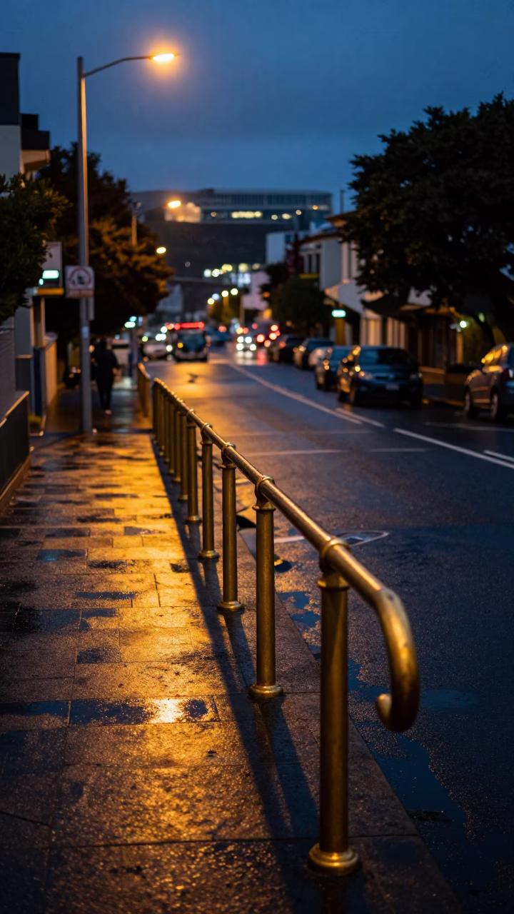 Predawn Street Scene in Wellington New Zealand with Brass Rail and Urban Details in in Wellington, New Zealand