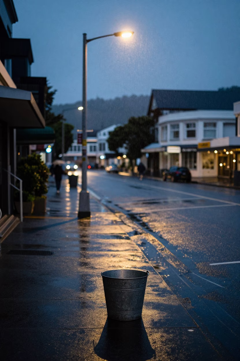 Predawn Street Scene in Wellington New Zealand with Metal Bucket and Rain Boots in in Wellington, New Zealand