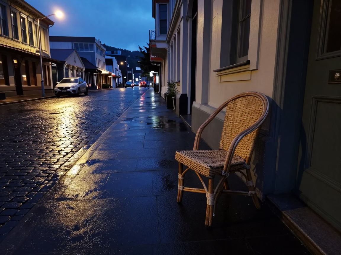 Predawn Street Scene in Wellington New Zealand with Rattan Chair and Water Rings in in Wellington, New Zealand
