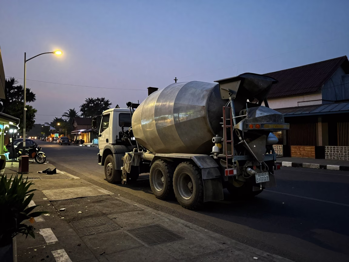 Predawn Street Scene in Yogyakarta Indonesia with Construction and Local Morning Rituals in in Yogyakarta, Indonesia