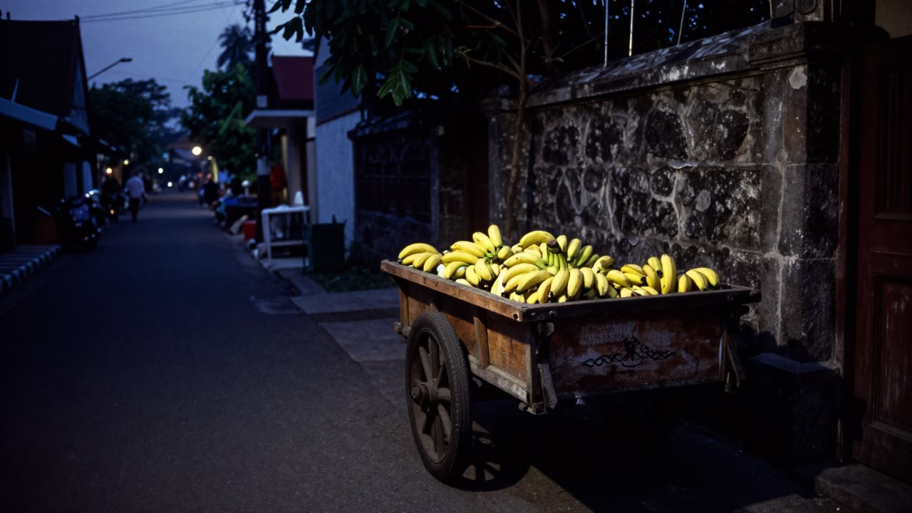 Predawn Street Scene in Yogyakarta Indonesia with Latch and Bananas in in Yogyakarta, Indonesia