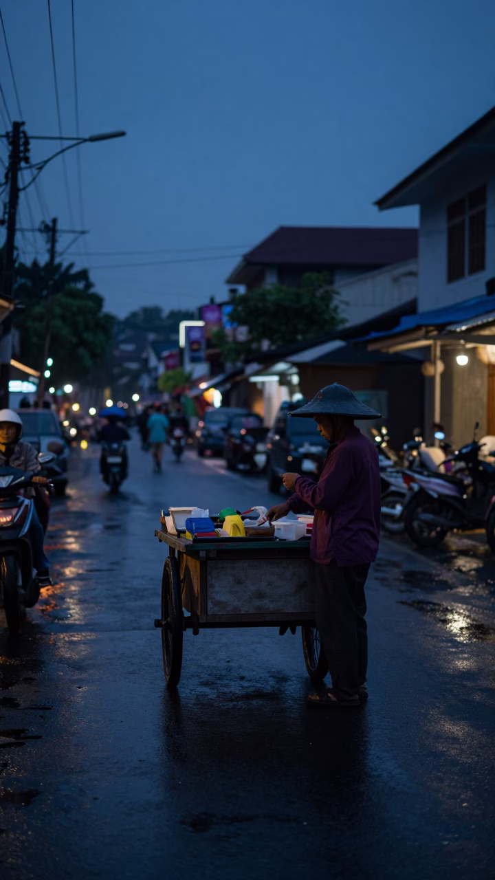 Predawn Street Scene in Yogyakarta Indonesia with Local Vendor and Wet Pavement in in Yogyakarta, Indonesia