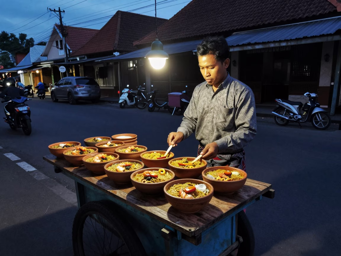 Predawn Street Scene in Yogyakarta Indonesia with Street Vendor and Traditional Architecture in in Yogyakarta, Indonesia