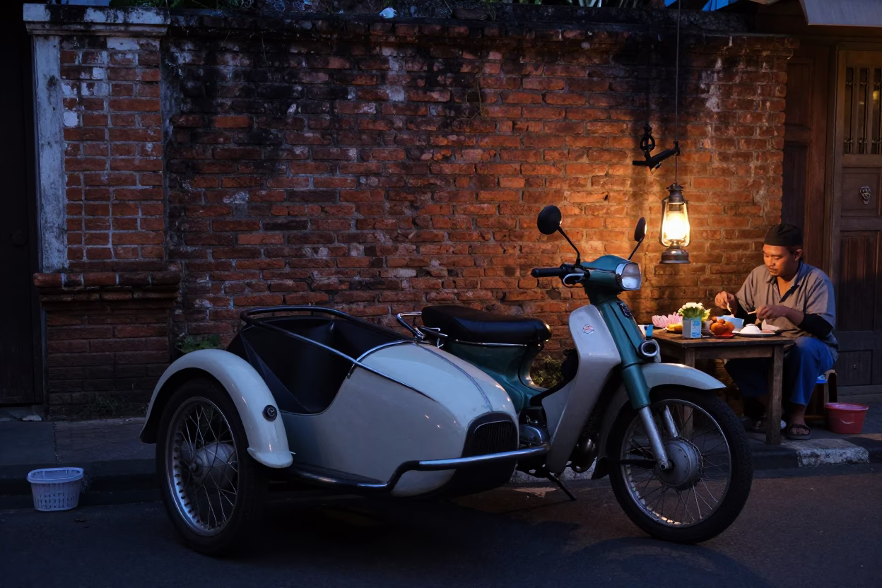 Predawn Street Scene in Yogyakarta Indonesia with Vintage Motorcycle Sidecar and Local Vendor in in Yogyakarta, Indonesia