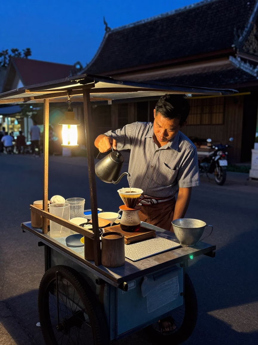Predawn Street Vendor Brewing Pour Over Coffee in Chiang Mai Thailand in in Chiang Mai, Thailand