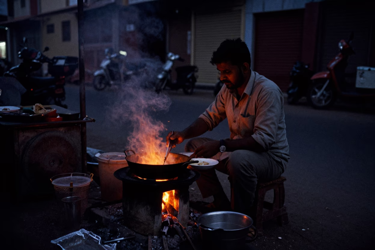 Predawn Street Vendor Cooking Breakfast in Jaipur India Early Morning Light in in Jaipur, India