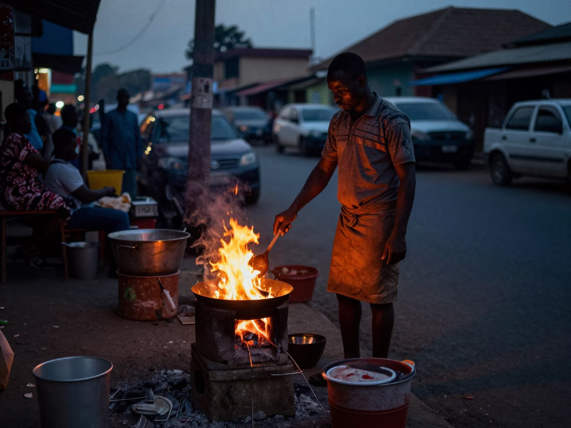 Predawn Street Vendor in Accra Ghana Cooking with Wooden Spoon and Thread Spool Nearby in in Accra, Ghana