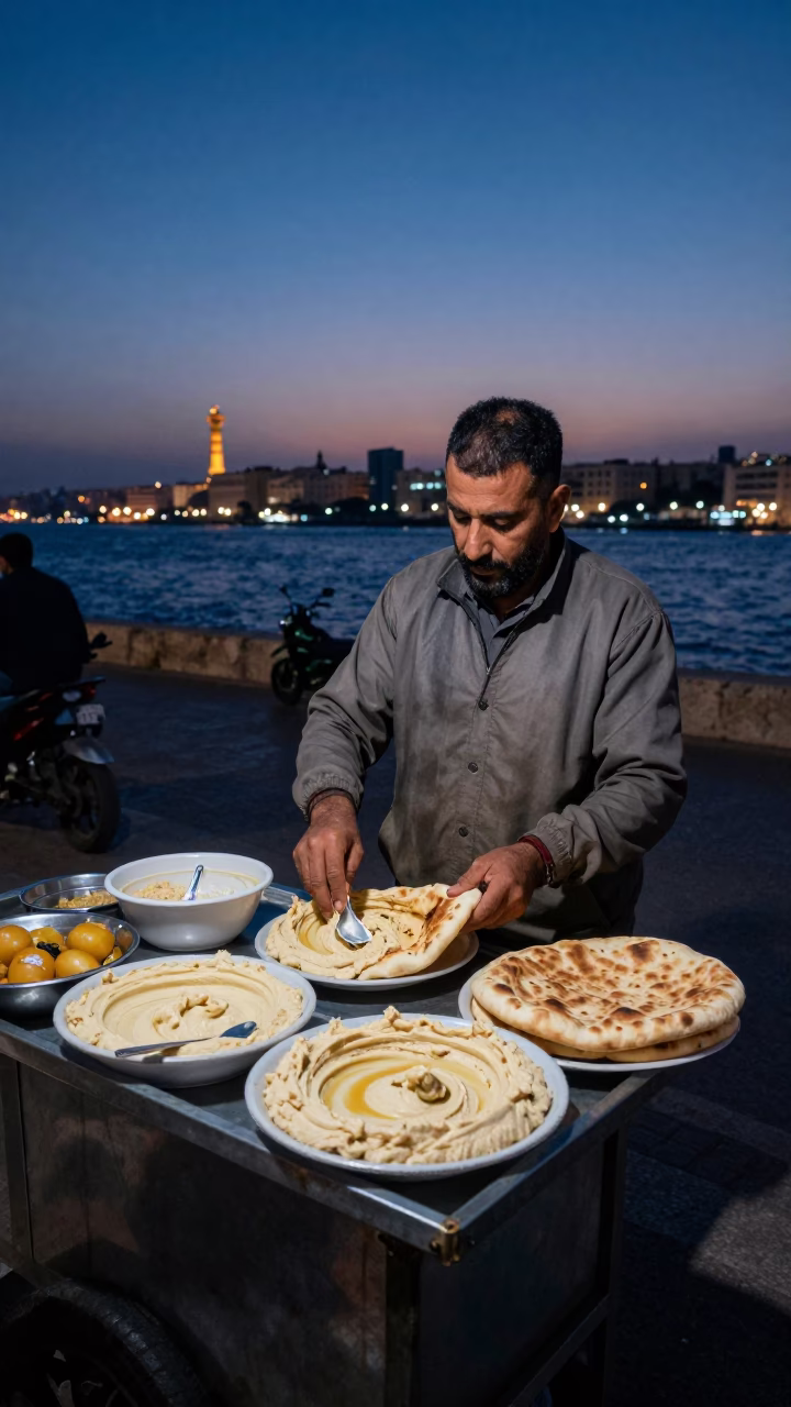 Predawn Street Vendor in Alexandria Egypt Serving Hummus and Flatbread in in Alexandria, Egypt