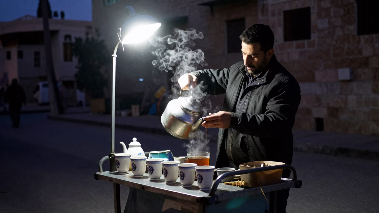 Predawn Street Vendor in Amman Jordan Preparing Tea with Ceramic Cups Under Dim Streetlights in in Amman, Jordan