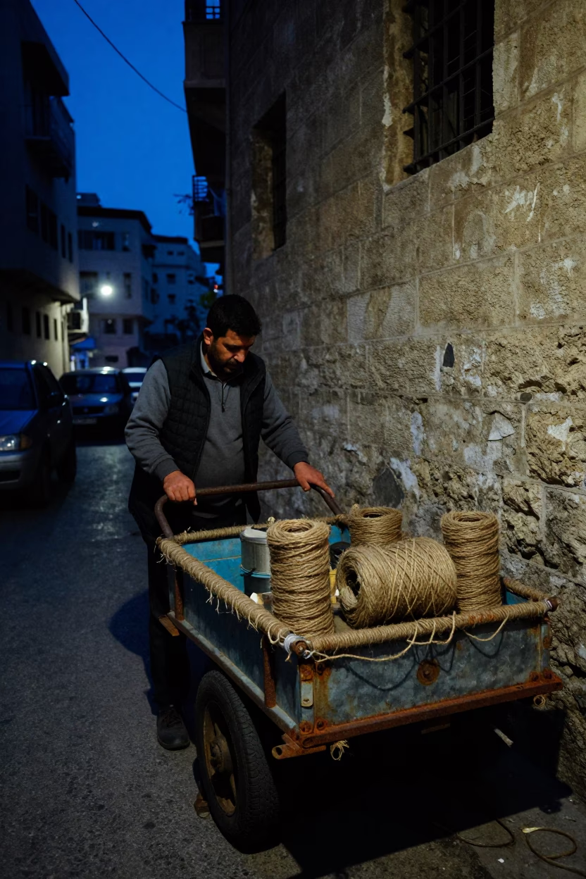 Predawn Street Vendor in Beirut Lebanon with Twine and Rust Details in in Beirut, Lebanon