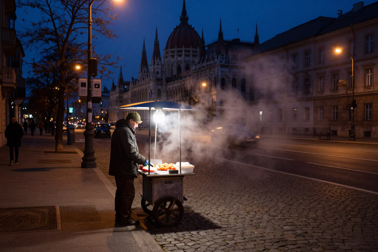 Predawn Street Vendor in Budapest Hungary with Steam Haze and Folding Chair in in Budapest, Hungary
